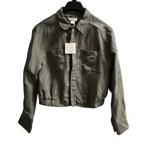 Cynthia Rowley Jacket Womens M Army Green Linen Blend Full Zip Lagen Minimalist
